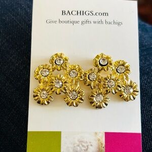 Gold flowers pierced earrings with crystals/rhinestones- new
